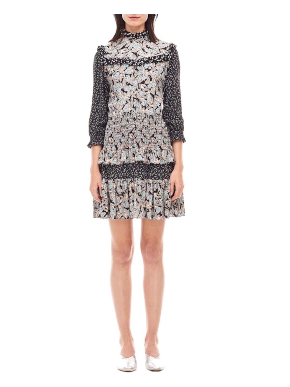 Rebecca Taylor Black and Cream Mixed Floral Ruffle Mini Dress